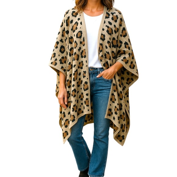 Womens Leopard Print Poncho Cape Shawl Open Front Boho Casual Cardigan Duster - Picture 1 of 7